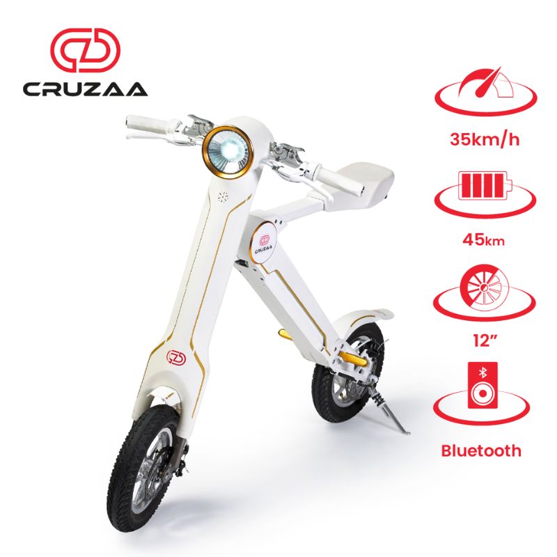 Cruzaa Carbon White Electric Scooter With Built-in Speakers & Bluetooth